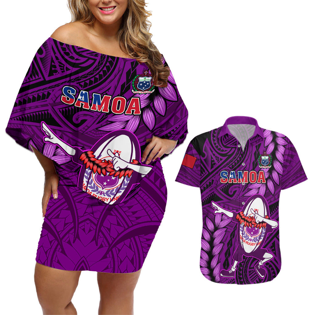 Samoa Rugby Couples Matching Off Shoulder Short Dress and Hawaiian Shirt Manu Samoa Ula Fala Dabbing Ball Polynesian Purple Version LT14 Purple - Polynesian Pride