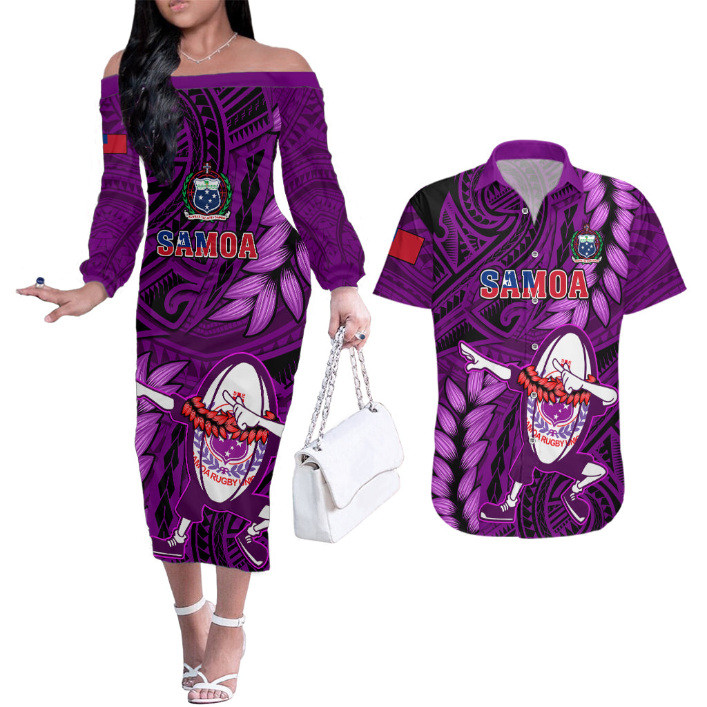 Samoa Rugby Couples Matching Off The Shoulder Long Sleeve Dress and Hawaiian Shirt Manu Samoa Ula Fala Dabbing Ball Polynesian Purple Version LT14 Purple - Polynesian Pride