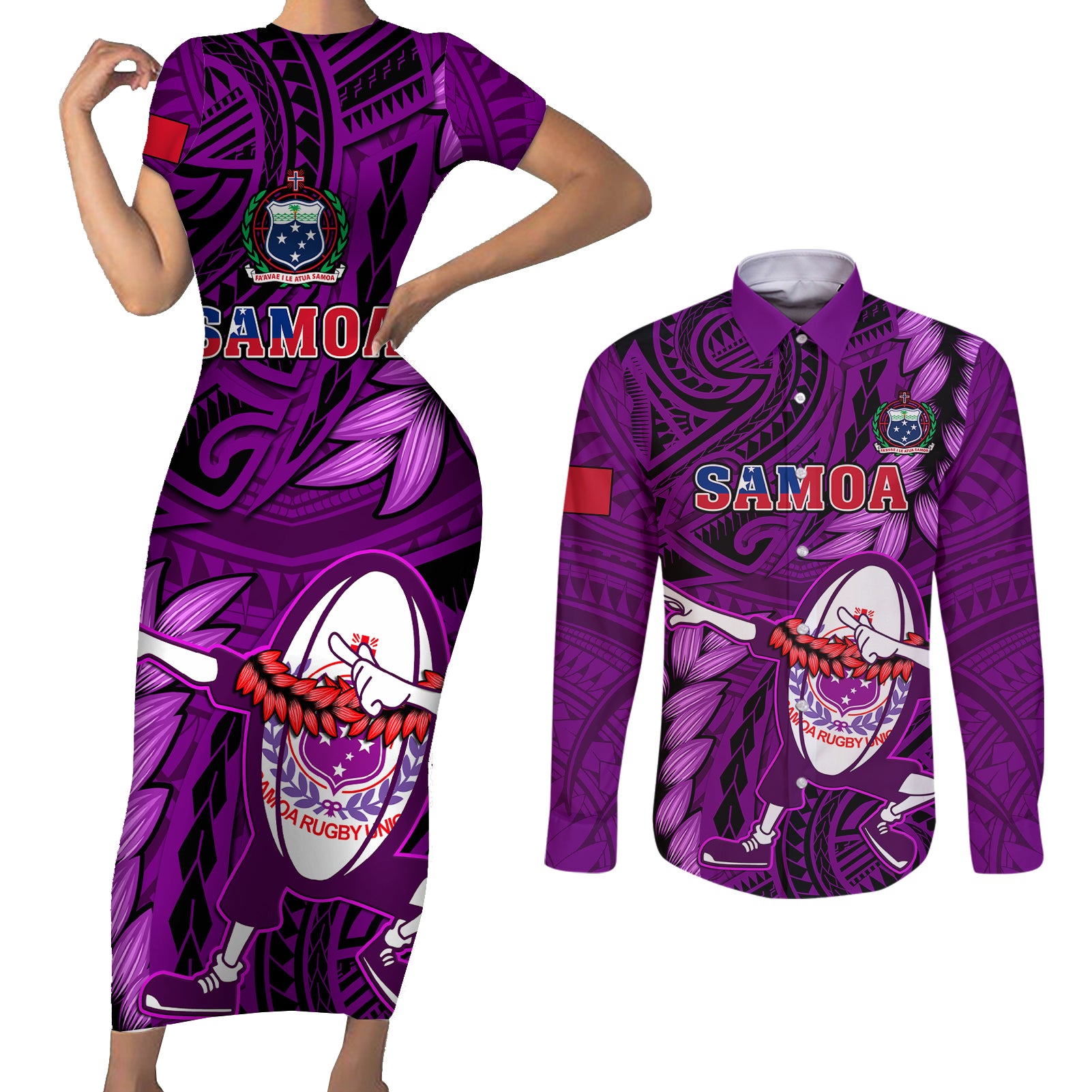 Samoa Rugby Couples Matching Short Sleeve Bodycon Dress and Long Sleeve Button Shirts Manu Samoa Ula Fala Dabbing Ball Polynesian Purple Version LT14 Purple - Polynesian Pride