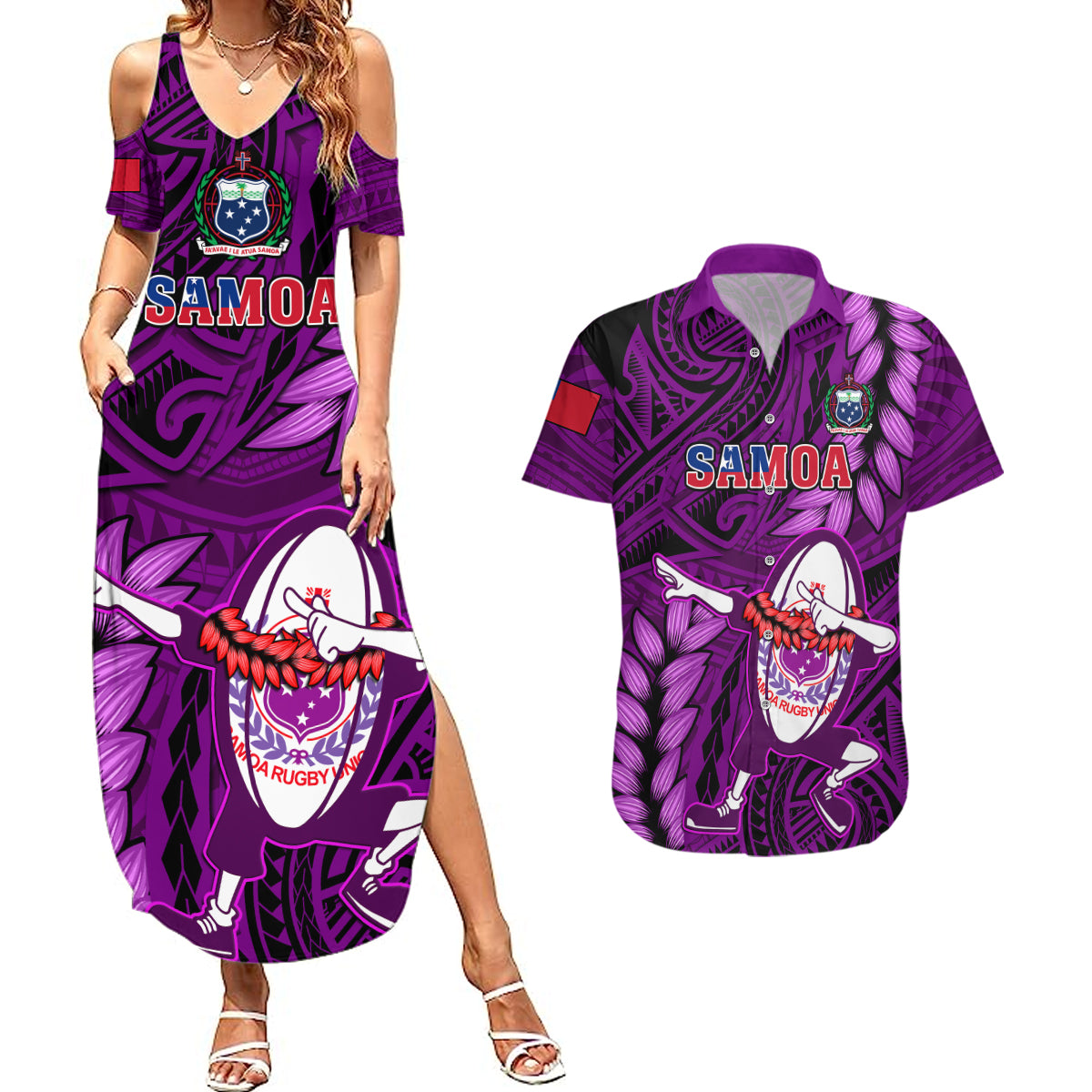 Samoa Rugby Couples Matching Summer Maxi Dress and Hawaiian Shirt Manu Samoa Ula Fala Dabbing Ball Polynesian Purple Version LT14 Purple - Polynesian Pride