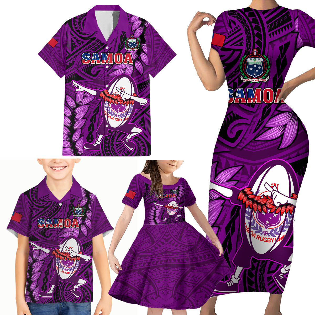 Samoa Rugby Family Matching Short Sleeve Bodycon Dress and Hawaiian Shirt Manu Samoa Ula Fala Dabbing Ball Polynesian Purple Version LT14 Purple - Polynesian Pride