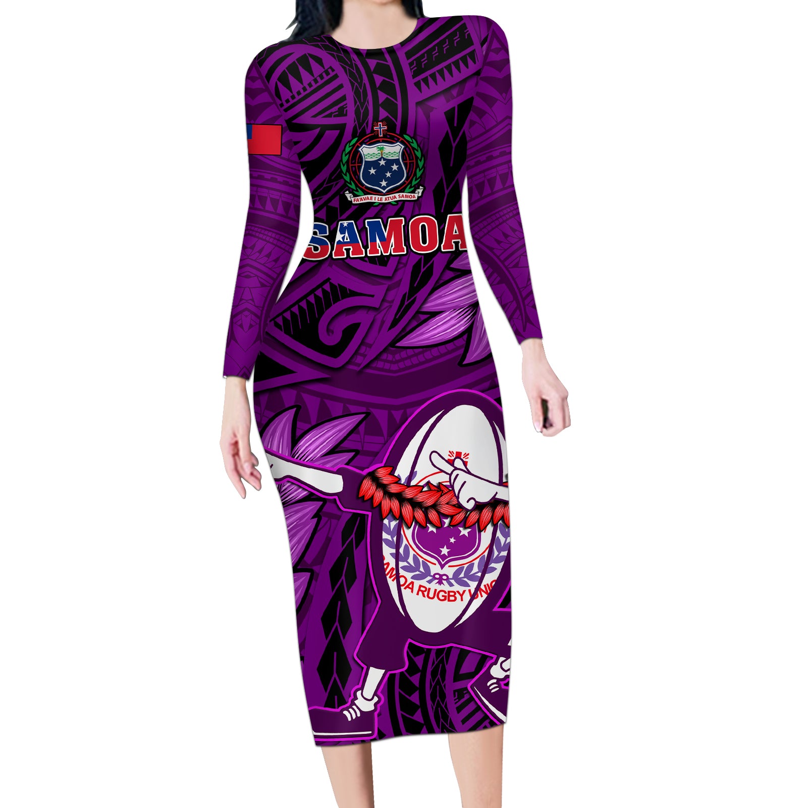 Samoa Rugby Long Sleeve Bodycon Dress Manu Samoa Ula Fala Dabbing Ball Polynesian Purple Version LT14 Long Dress Purple - Polynesian Pride