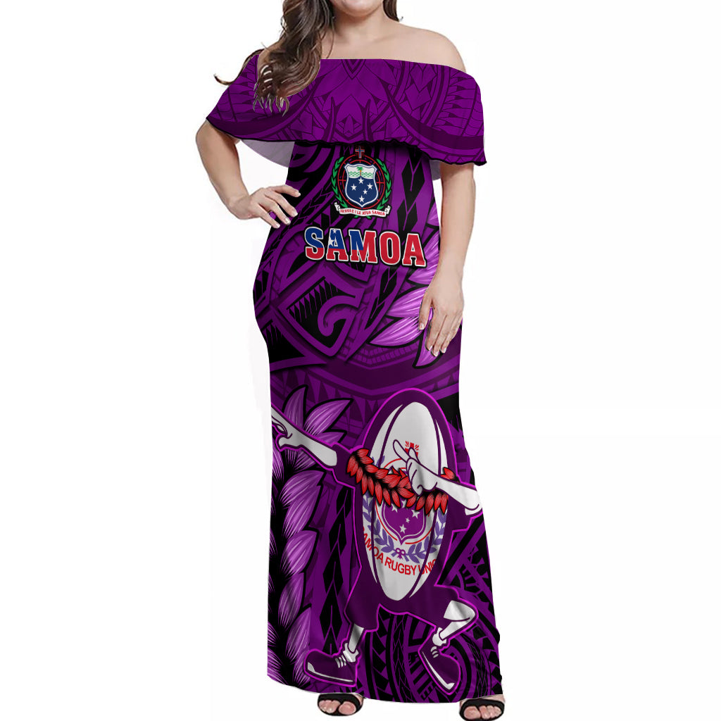 Samoa Rugby Off Shoulder Maxi Dress Manu Samoa Ula Fala Dabbing Ball Polynesian Purple Version LT14 Women Purple - Polynesian Pride