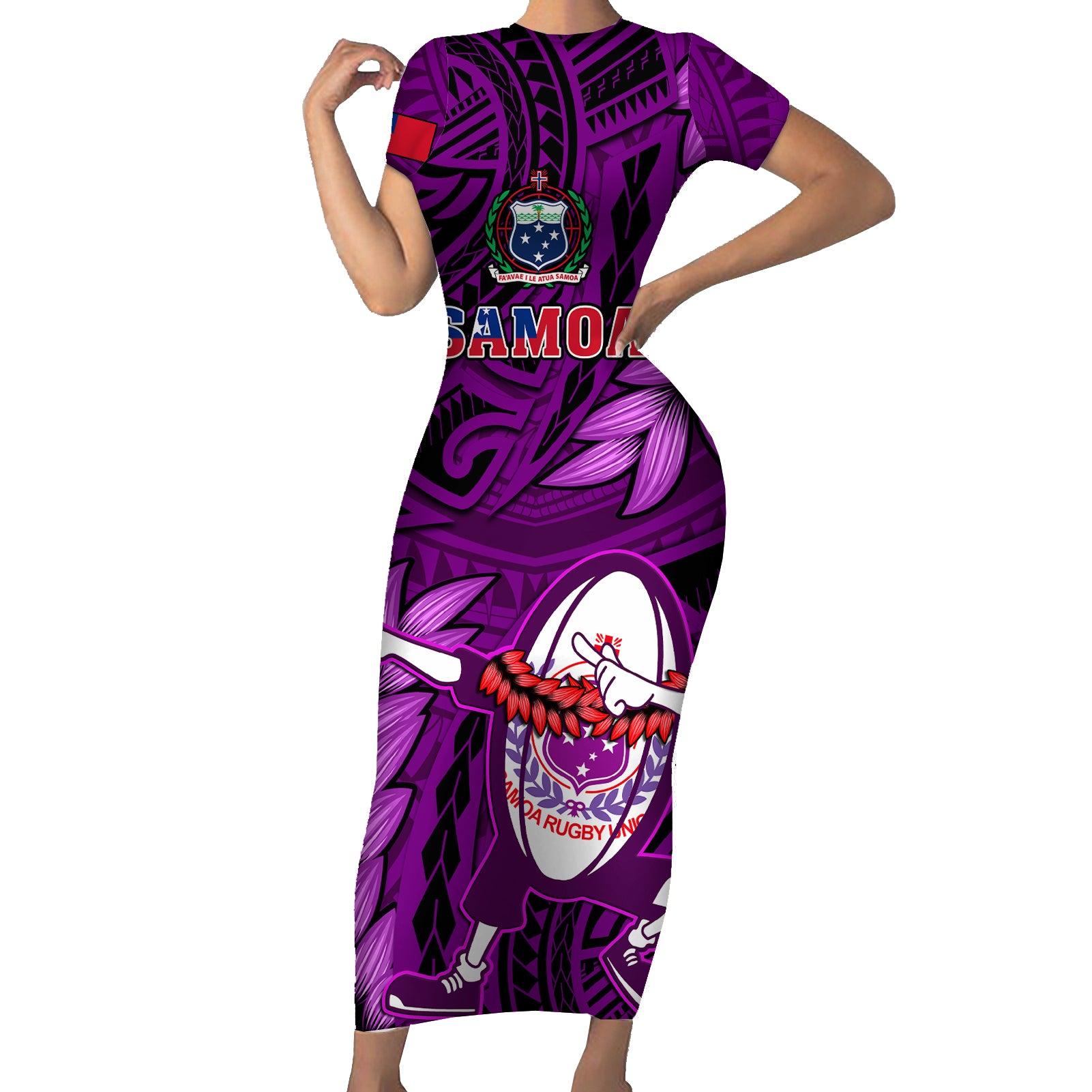 Samoa Rugby Short Sleeve Bodycon Dress Manu Samoa Ula Fala Dabbing Ball Polynesian Purple Version LT14 Long Dress Purple - Polynesian Pride