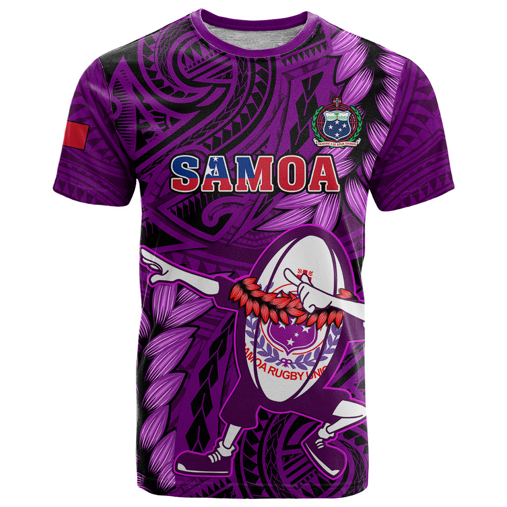 Samoa Rugby T Shirt Manu Samoa Ula Fala Dabbing Ball Polynesian Purple Version LT14 Purple - Polynesian Pride