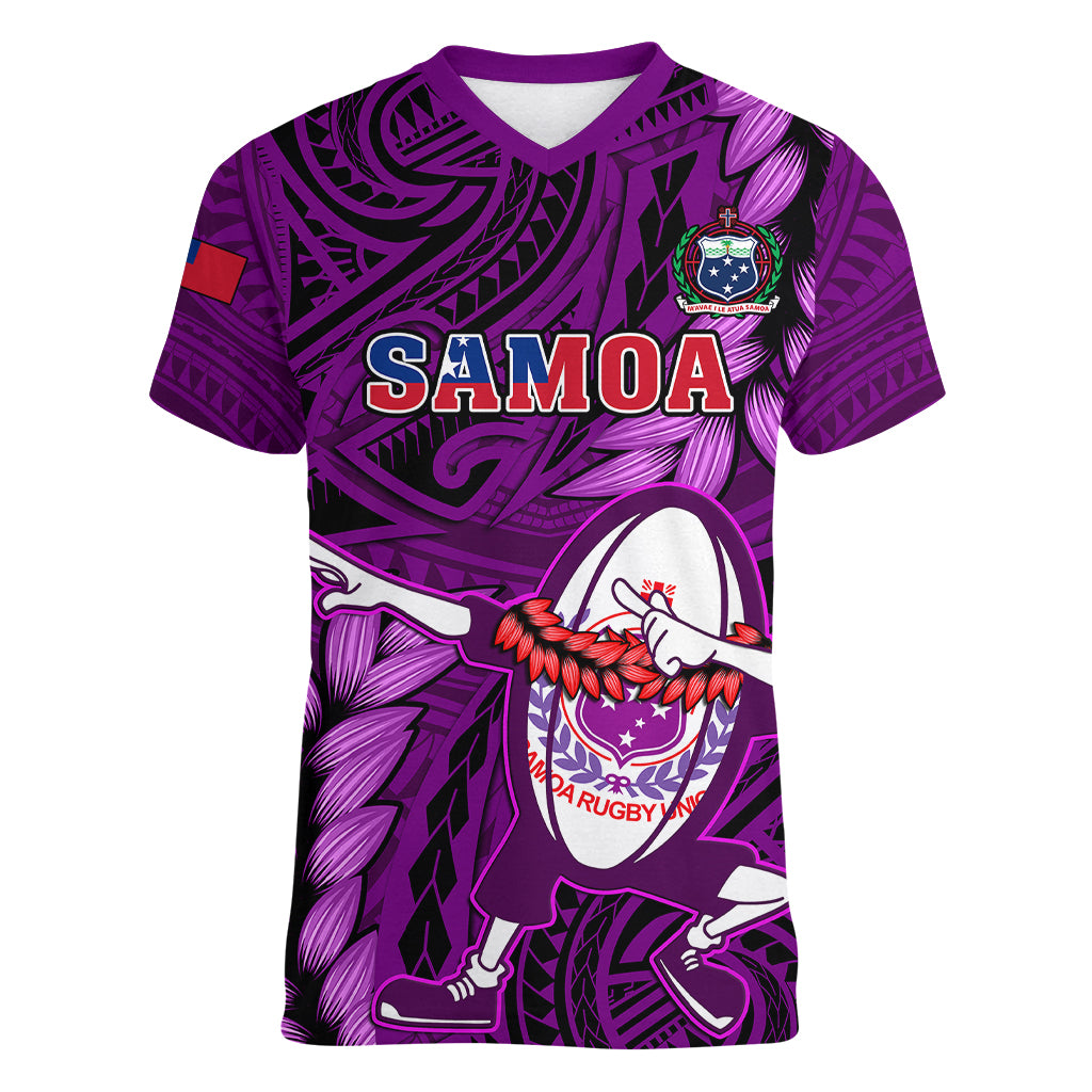 Samoa Rugby Women V Neck T Shirt Manu Samoa Ula Fala Dabbing Ball Polynesian Purple Version LT14 Female Purple - Polynesian Pride