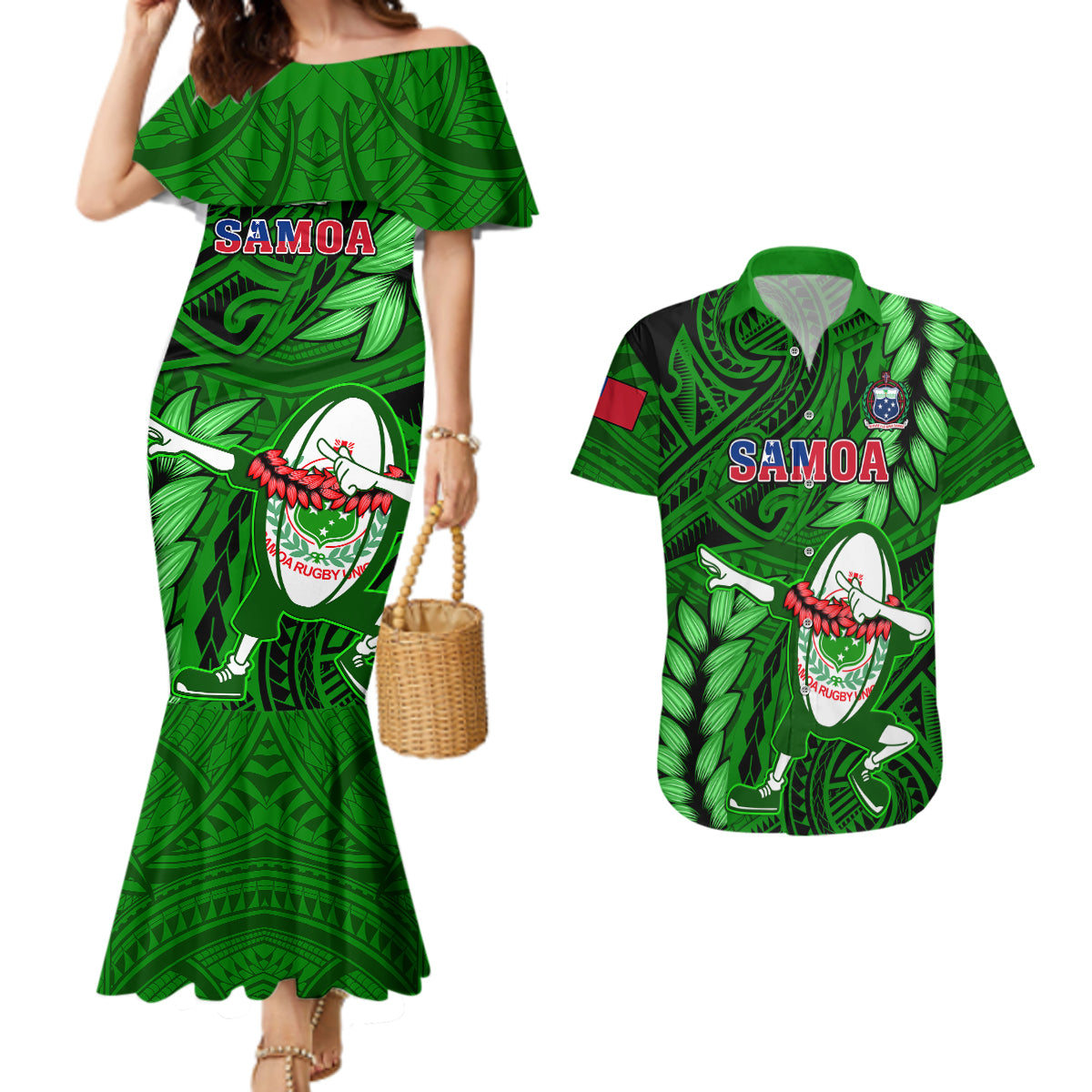 Samoa Rugby Couples Matching Mermaid Dress and Hawaiian Shirt Manu Samoa Ula Fala Dabbing Ball Polynesian Green Version LT14 Green - Polynesian Pride