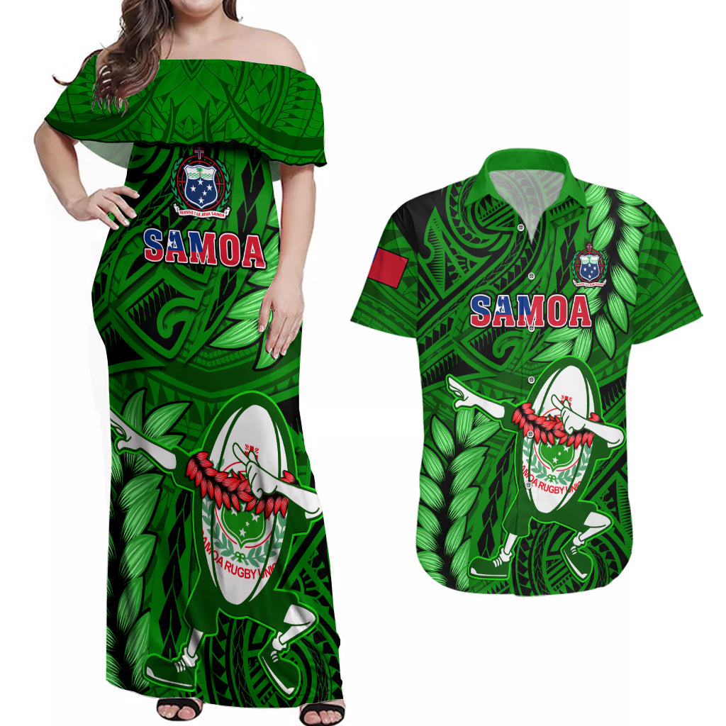 Samoa Rugby Couples Matching Off Shoulder Maxi Dress and Hawaiian Shirt Manu Samoa Ula Fala Dabbing Ball Polynesian Green Version LT14 Green - Polynesian Pride