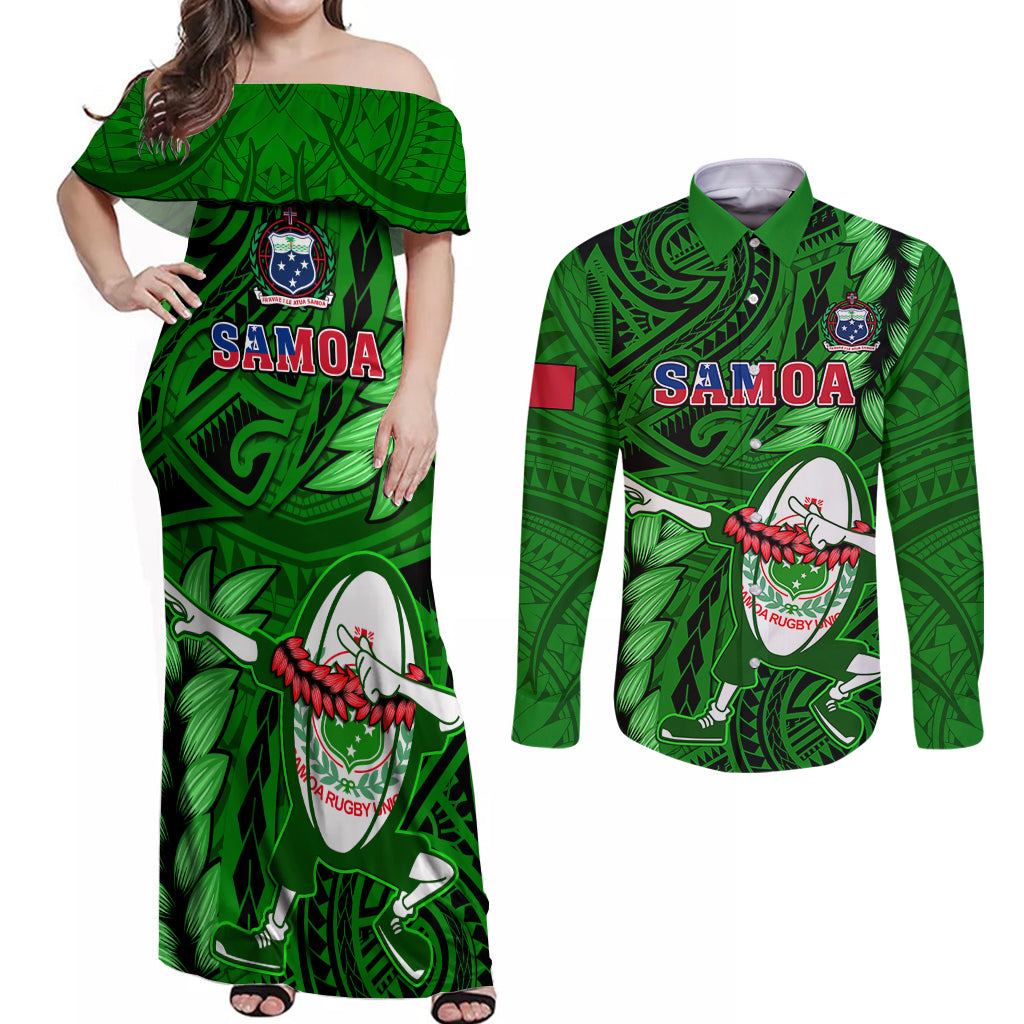 Samoa Rugby Couples Matching Off Shoulder Maxi Dress and Long Sleeve Button Shirts Manu Samoa Ula Fala Dabbing Ball Polynesian Green Version LT14 Green - Polynesian Pride