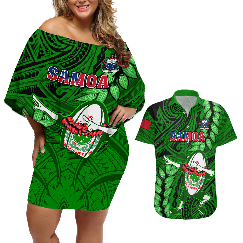 Samoa Rugby Couples Matching Off Shoulder Short Dress and Hawaiian Shirt Manu Samoa Ula Fala Dabbing Ball Polynesian Green Version LT14 Green - Polynesian Pride