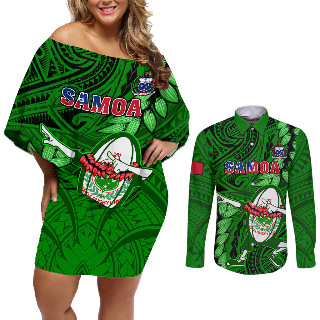 Samoa Rugby Couples Matching Off Shoulder Short Dress and Long Sleeve Button Shirts Manu Samoa Ula Fala Dabbing Ball Polynesian Green Version LT14 Green - Polynesian Pride