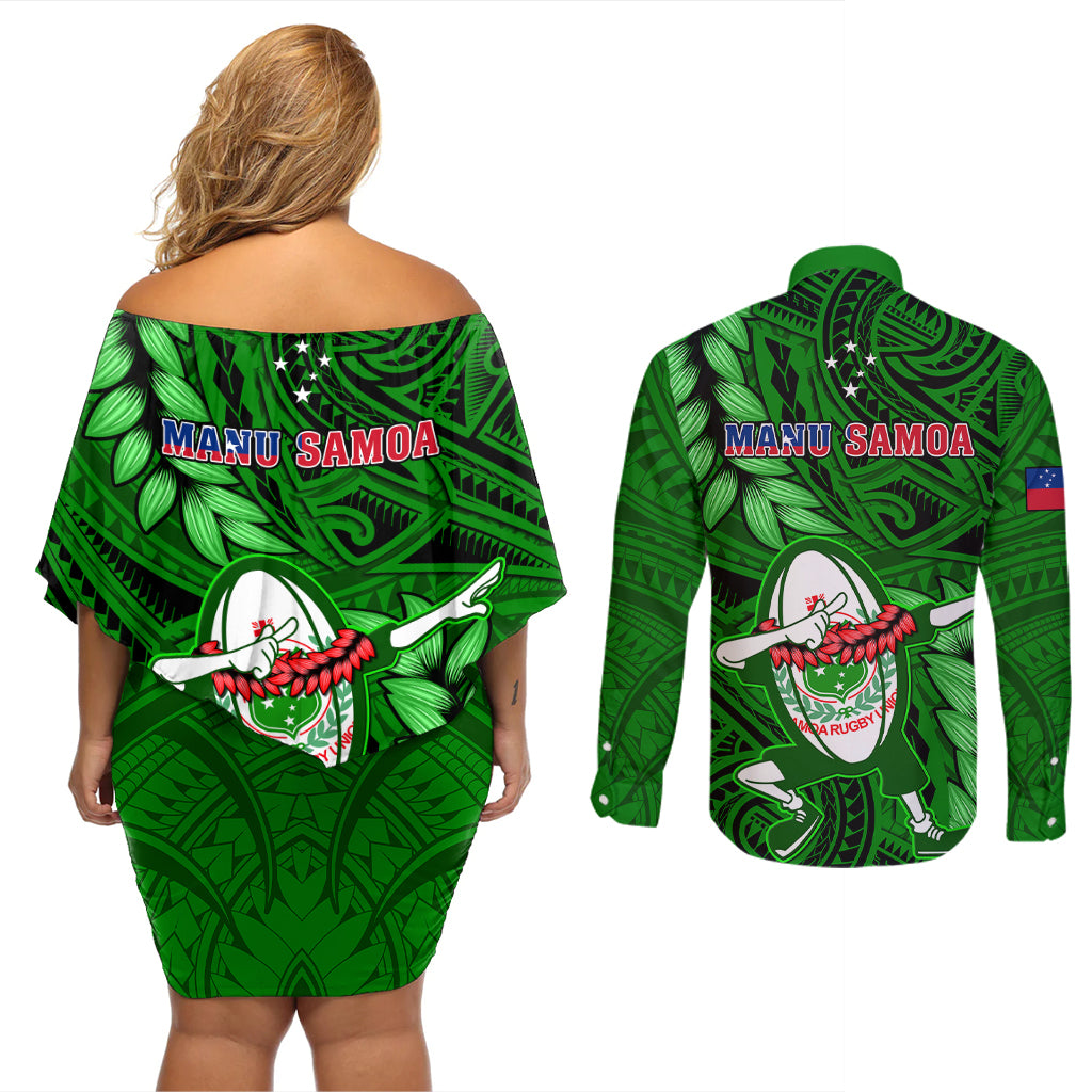 Samoa Rugby Couples Matching Off Shoulder Short Dress and Long Sleeve Button Shirts Manu Samoa Ula Fala Dabbing Ball Polynesian Green Version LT14 - Polynesian Pride