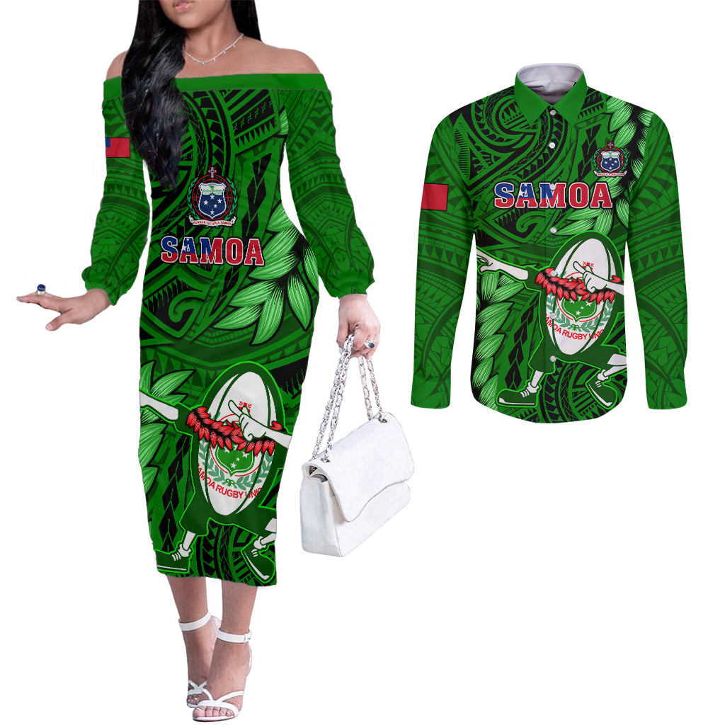 Samoa Rugby Couples Matching Off The Shoulder Long Sleeve Dress and Long Sleeve Button Shirts Manu Samoa Ula Fala Dabbing Ball Polynesian Green Version LT14 Green - Polynesian Pride