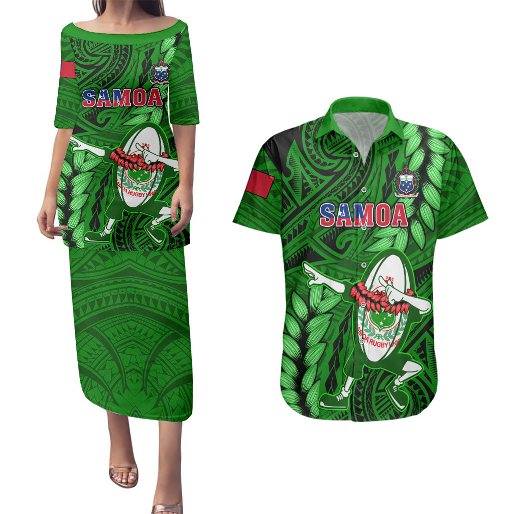 Samoa Rugby Couples Matching Puletasi Dress and Hawaiian Shirt Manu Samoa Ula Fala Dabbing Ball Polynesian Green Version LT14 Green - Polynesian Pride