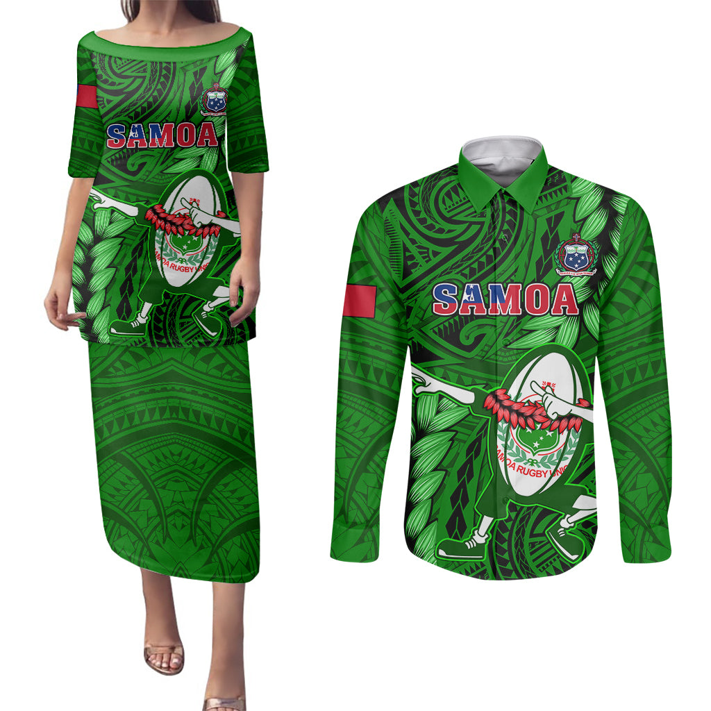 Samoa Rugby Couples Matching Puletasi Dress and Long Sleeve Button Shirts Manu Samoa Ula Fala Dabbing Ball Polynesian Green Version LT14 Green - Polynesian Pride