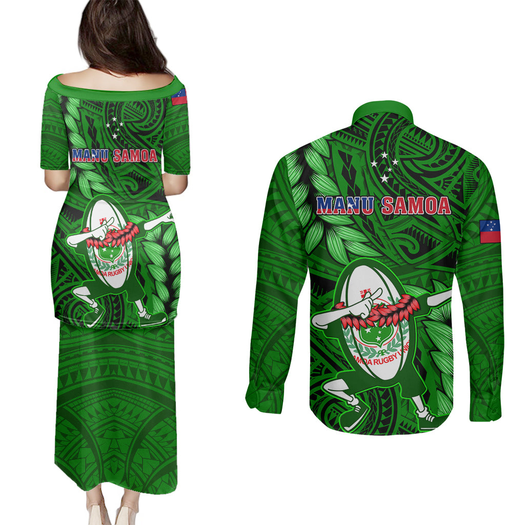 Samoa Rugby Couples Matching Puletasi Dress and Long Sleeve Button Shirts Manu Samoa Ula Fala Dabbing Ball Polynesian Green Version LT14 - Polynesian Pride