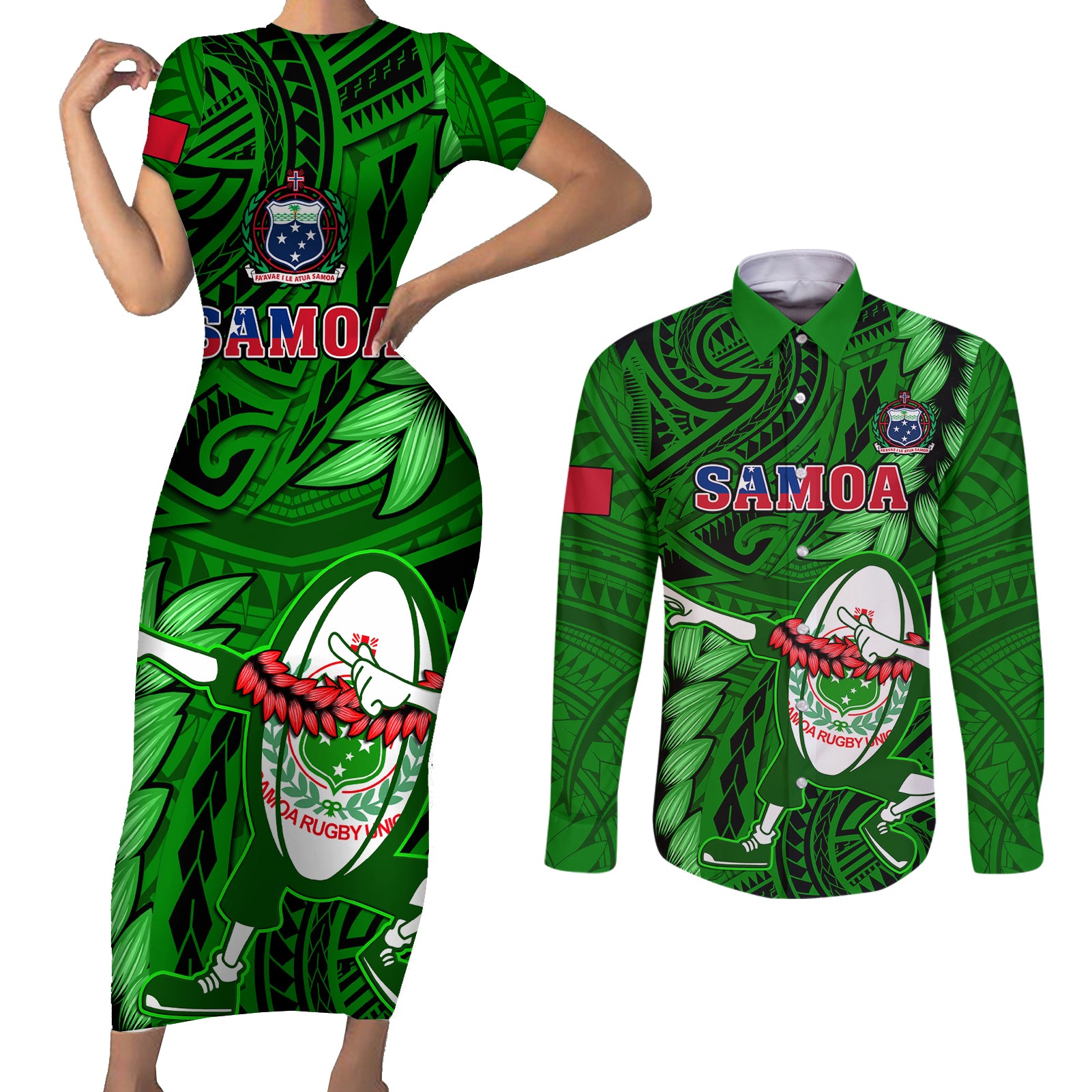 Samoa Rugby Couples Matching Short Sleeve Bodycon Dress and Long Sleeve Button Shirts Manu Samoa Ula Fala Dabbing Ball Polynesian Green Version LT14 Green - Polynesian Pride