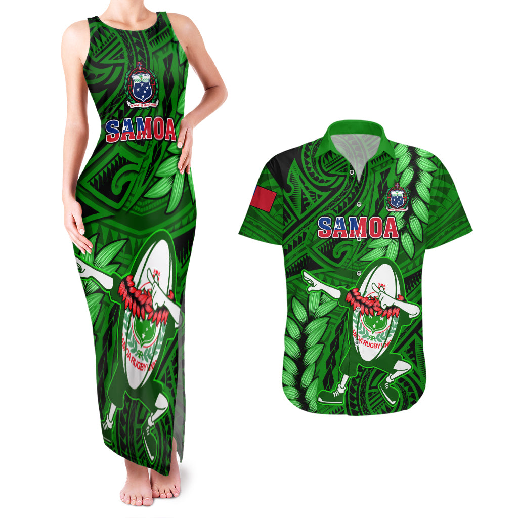 Samoa Rugby Couples Matching Tank Maxi Dress and Hawaiian Shirt Manu Samoa Ula Fala Dabbing Ball Polynesian Green Version LT14 Green - Polynesian Pride