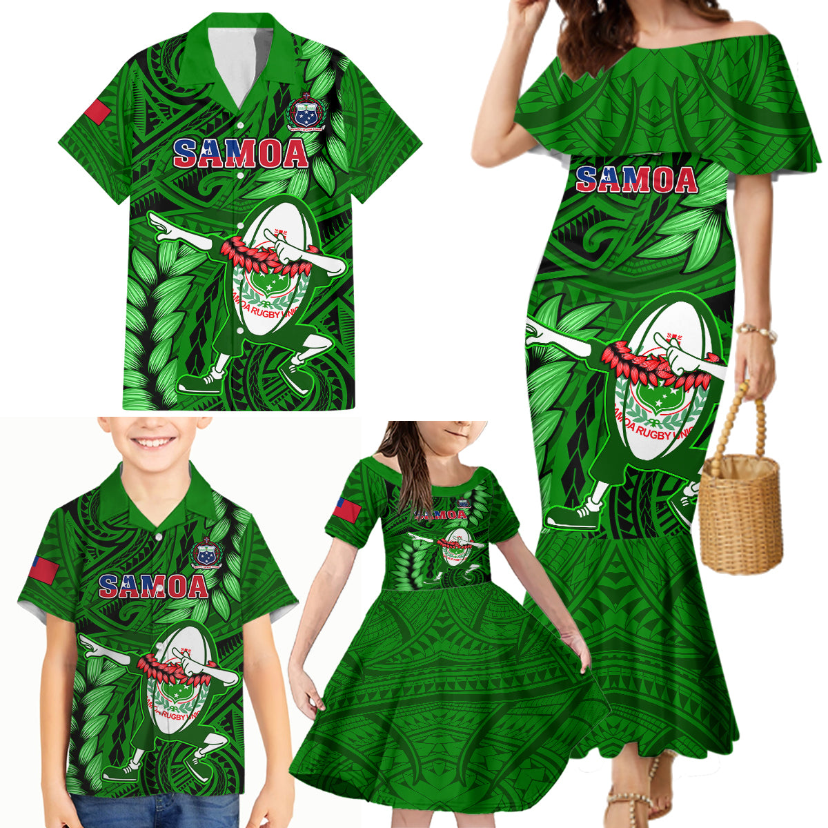 Samoa Rugby Family Matching Mermaid Dress and Hawaiian Shirt Manu Samoa Ula Fala Dabbing Ball Polynesian Green Version LT14 Green - Polynesian Pride