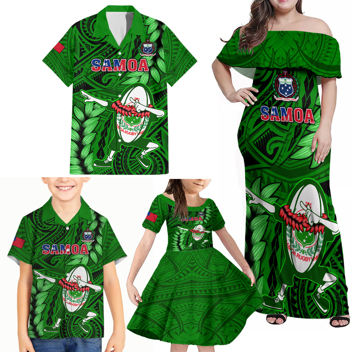 Samoa Rugby Family Matching Off Shoulder Maxi Dress and Hawaiian Shirt Manu Samoa Ula Fala Dabbing Ball Polynesian Green Version LT14 Green - Polynesian Pride