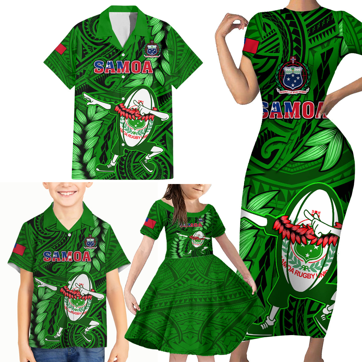 Samoa Rugby Family Matching Short Sleeve Bodycon Dress and Hawaiian Shirt Manu Samoa Ula Fala Dabbing Ball Polynesian Green Version LT14 Green - Polynesian Pride