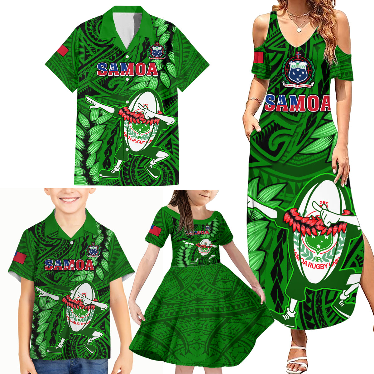 Samoa Rugby Family Matching Summer Maxi Dress and Hawaiian Shirt Manu Samoa Ula Fala Dabbing Ball Polynesian Green Version LT14 Green - Polynesian Pride