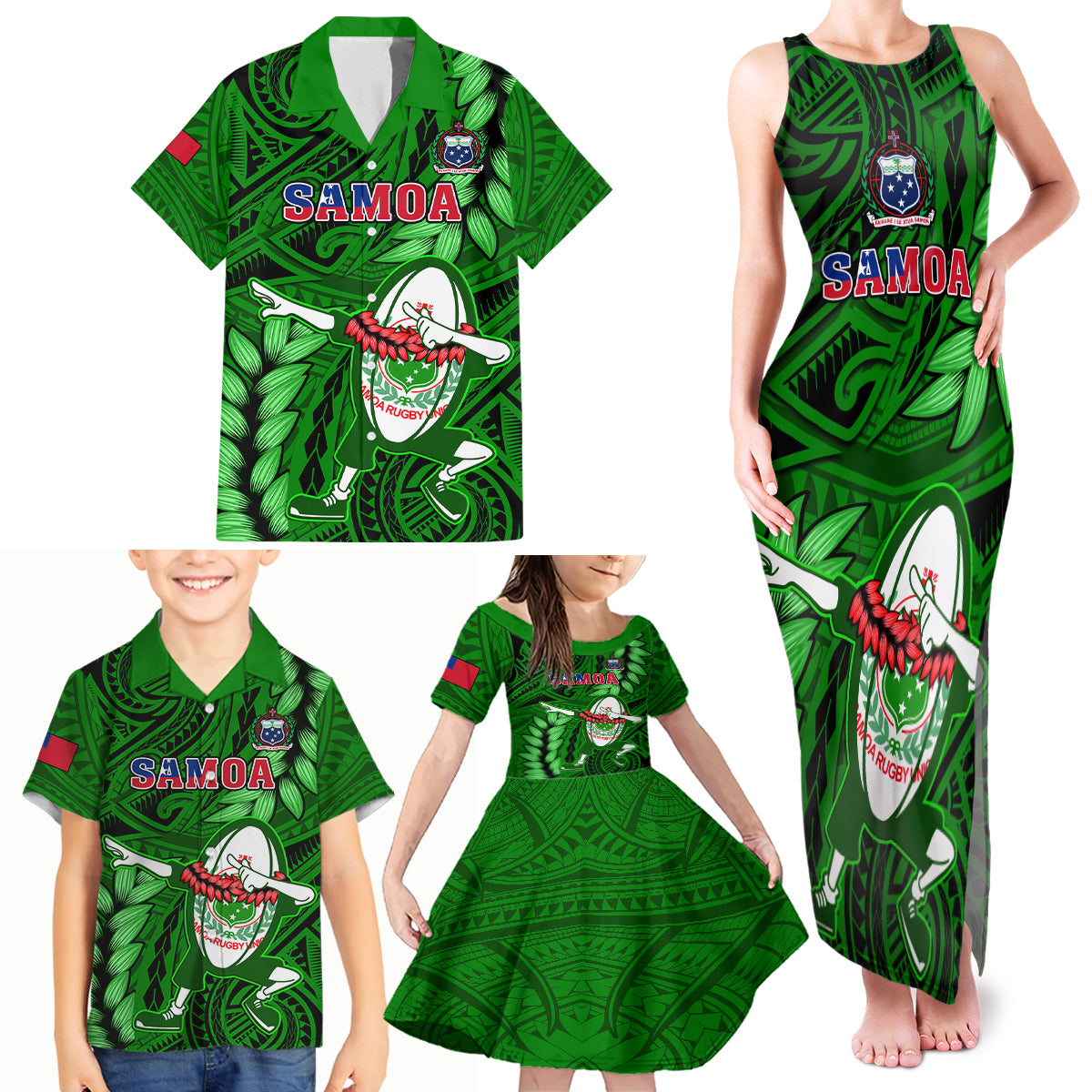 Samoa Rugby Family Matching Tank Maxi Dress and Hawaiian Shirt Manu Samoa Ula Fala Dabbing Ball Polynesian Green Version LT14 Green - Polynesian Pride