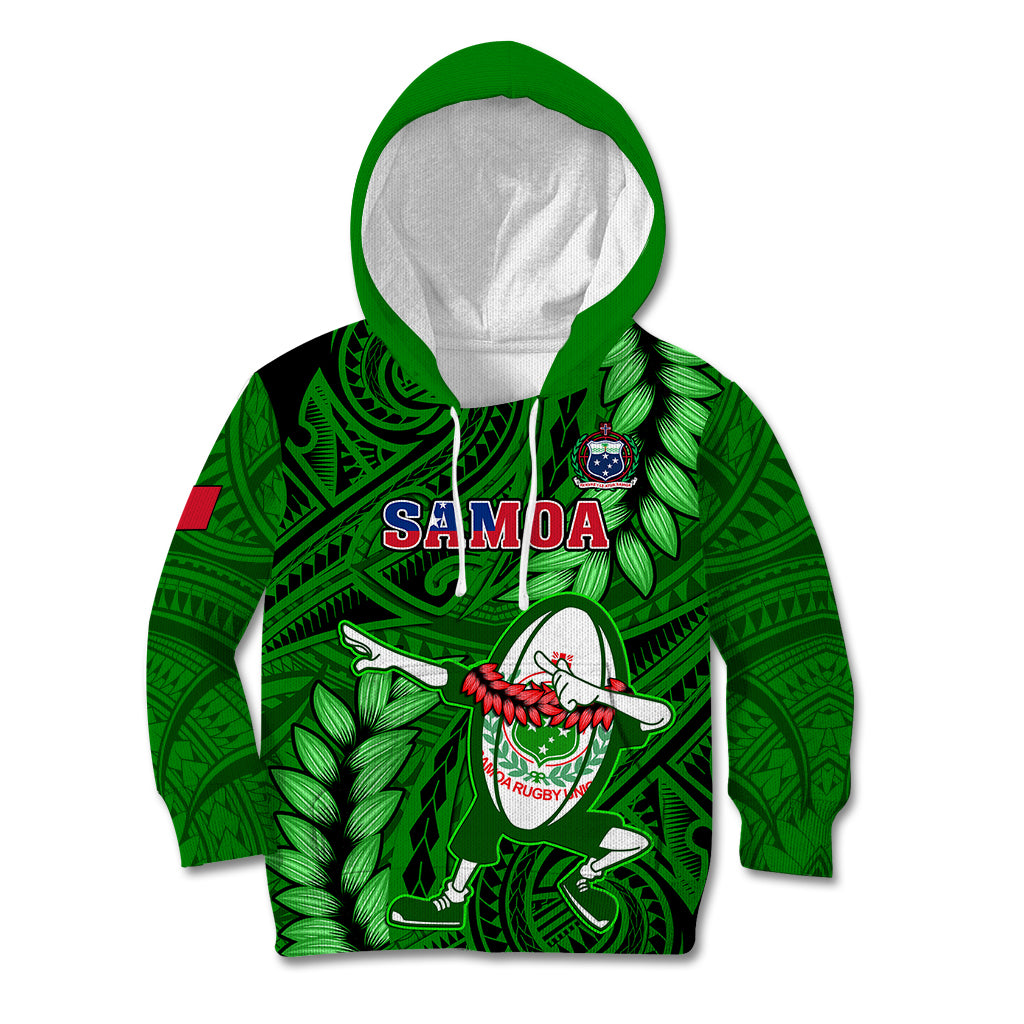 Samoa Rugby Kid Hoodie Manu Samoa Ula Fala Dabbing Ball Polynesian Green Version LT14 Hoodie Green - Polynesian Pride