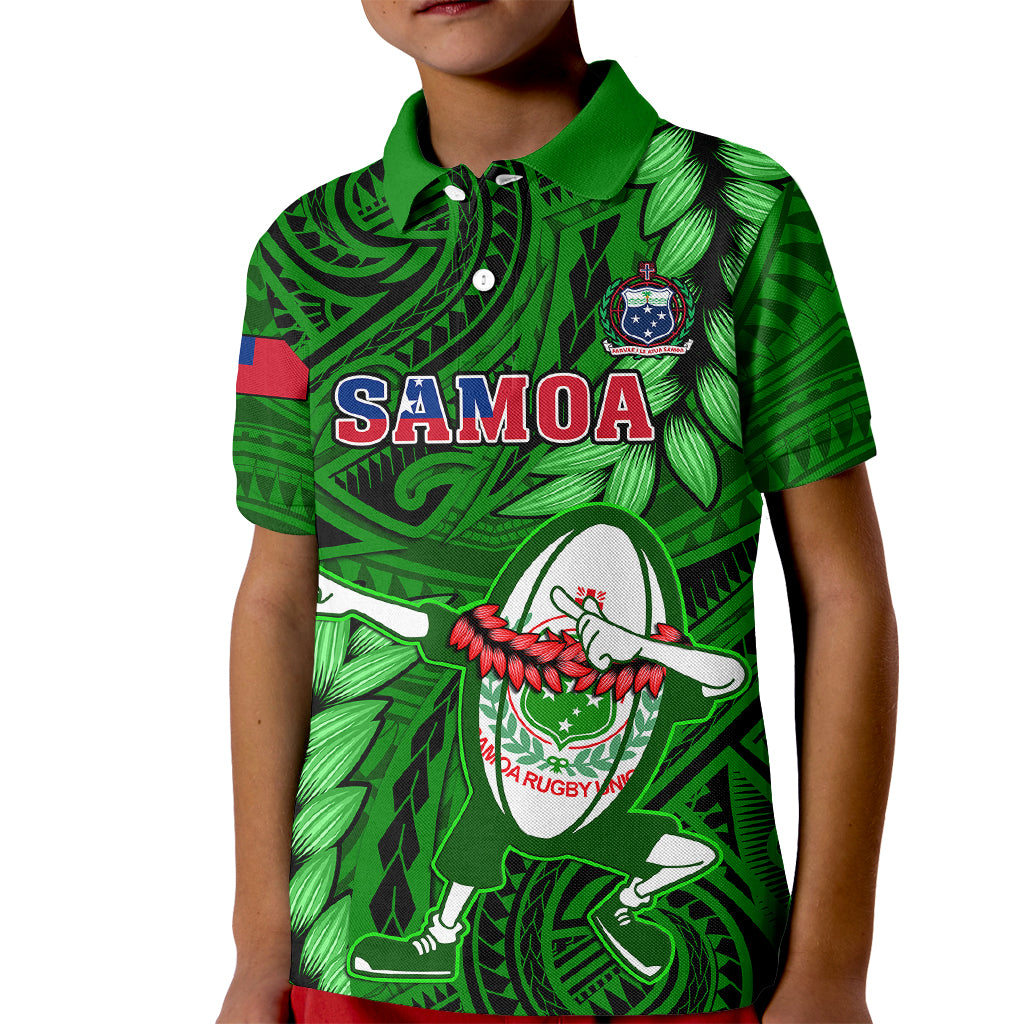 Samoa Rugby Kid Polo Shirt Manu Samoa Ula Fala Dabbing Ball Polynesian Green Version LT14 Kid Green - Polynesian Pride