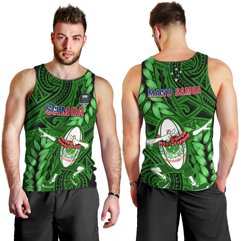 Samoa Rugby Men Tank Top Manu Samoa Ula Fala Dabbing Ball Polynesian Green Version LT14 - Polynesian Pride
