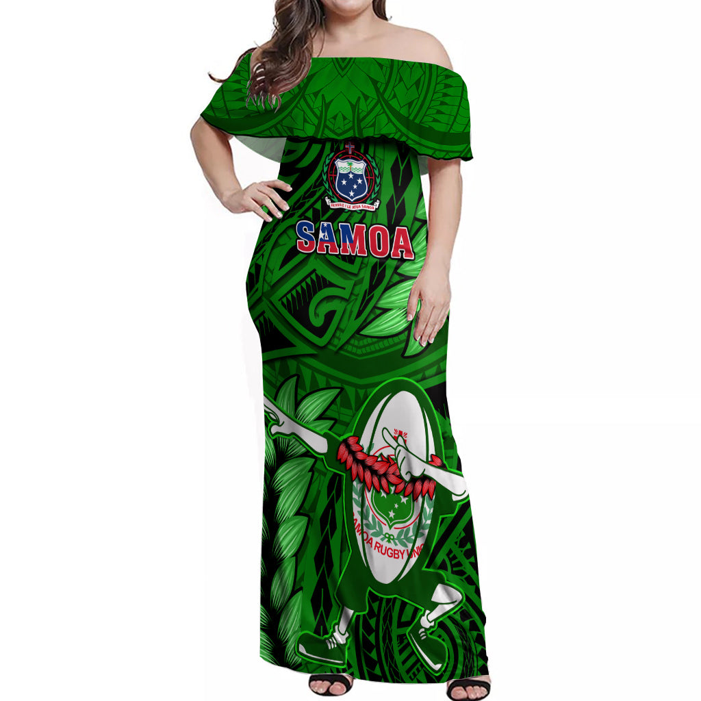 Samoa Rugby Off Shoulder Maxi Dress Manu Samoa Ula Fala Dabbing Ball Polynesian Green Version LT14 Women Green - Polynesian Pride