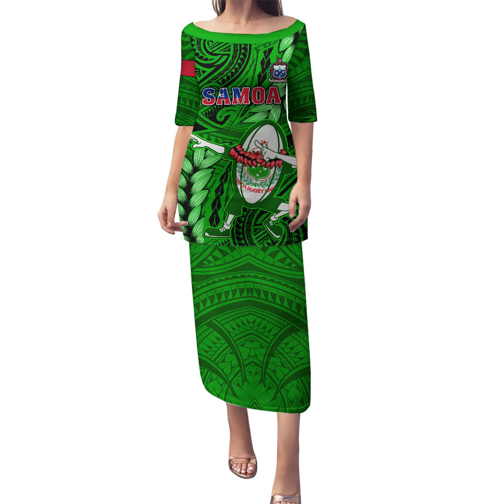 Samoa Rugby Puletasi Manu Samoa Ula Fala Dabbing Ball Polynesian Green Version LT14 Long Dress Green - Polynesian Pride