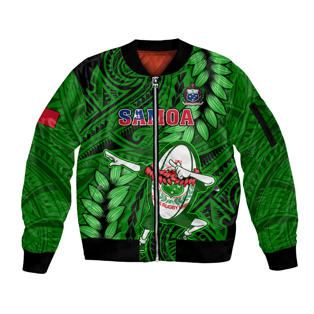 Samoa Rugby Sleeve Zip Bomber Jacket Manu Samoa Ula Fala Dabbing Ball Polynesian Green Version LT14 Unisex Green - Polynesian Pride