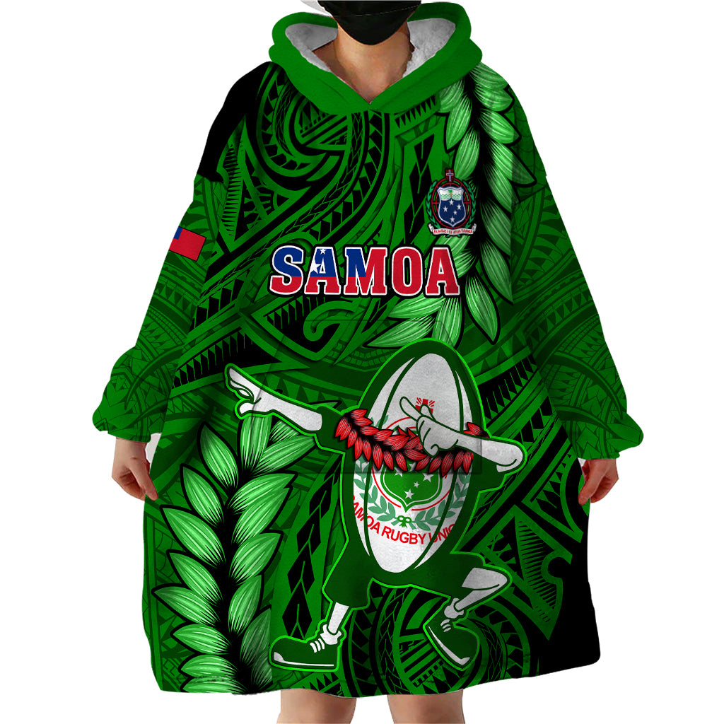 Samoa Rugby Wearable Blanket Hoodie Manu Samoa Ula Fala Dabbing Ball Polynesian Green Version LT14 - Polynesian Pride