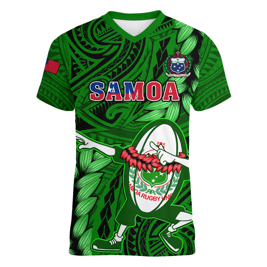 Samoa Rugby Women V Neck T Shirt Manu Samoa Ula Fala Dabbing Ball Polynesian Green Version LT14 Female Green - Polynesian Pride