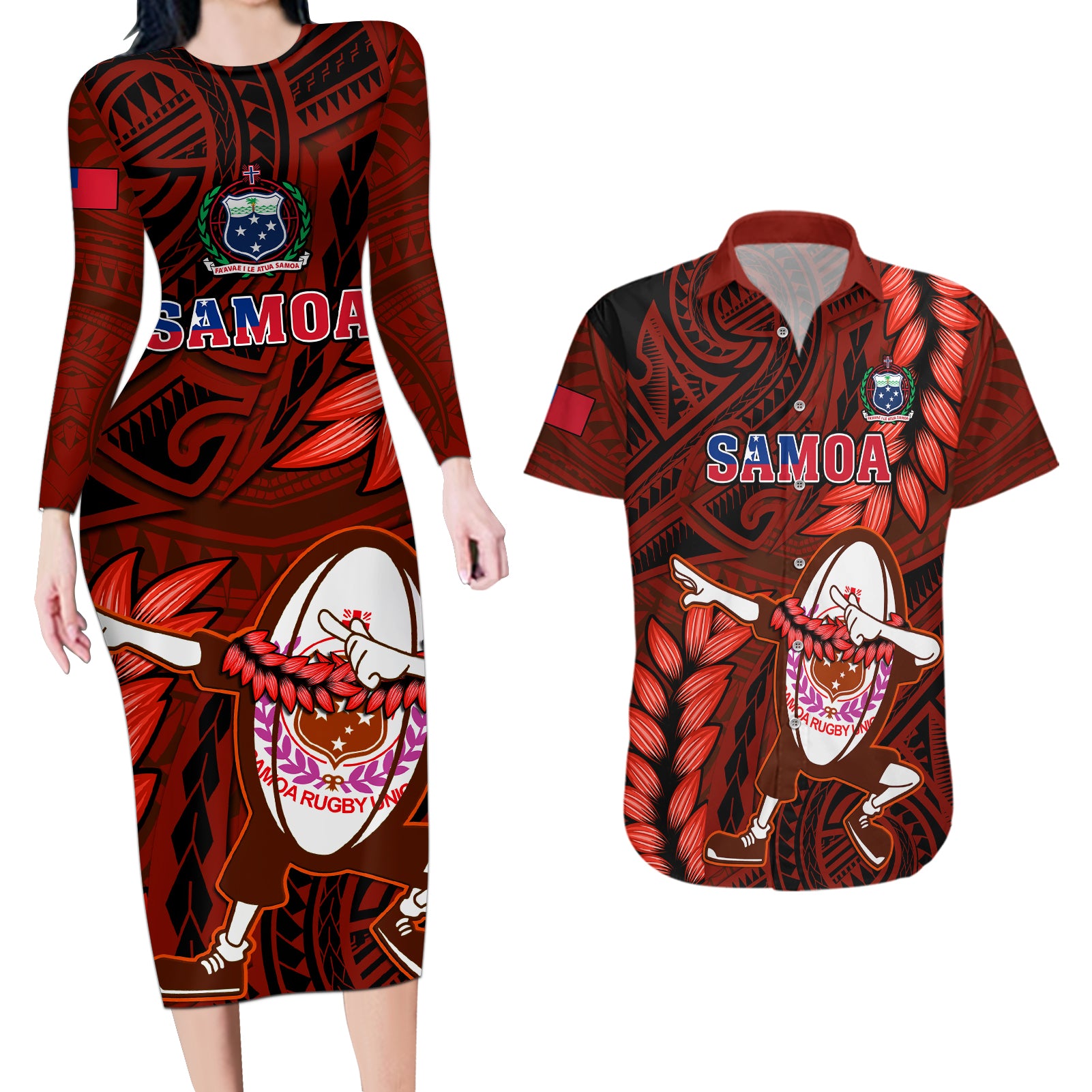 Samoa Rugby Couples Matching Long Sleeve Bodycon Dress and Hawaiian Shirt Manu Samoa Ula Fala Dabbing Ball Polynesian Red Version LT14 Red - Polynesian Pride