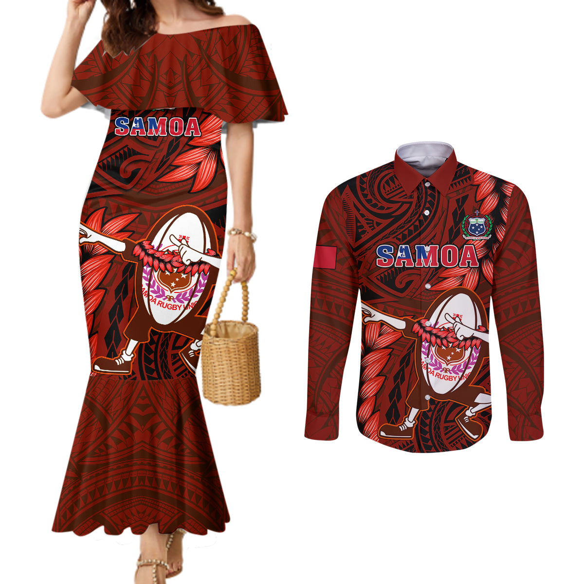 Samoa Rugby Couples Matching Mermaid Dress and Long Sleeve Button Shirts Manu Samoa Ula Fala Dabbing Ball Polynesian Red Version LT14 Red - Polynesian Pride