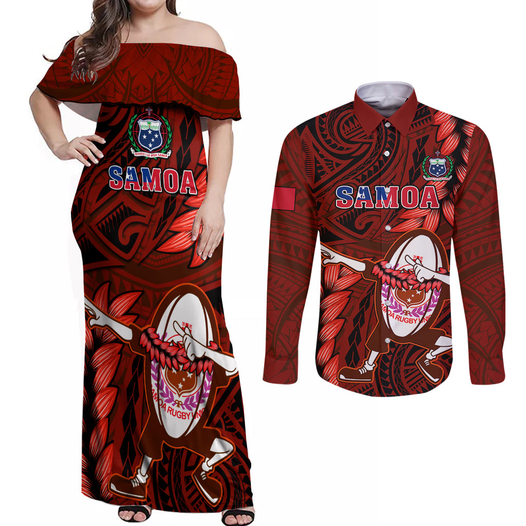 Samoa Rugby Couples Matching Off Shoulder Maxi Dress and Long Sleeve Button Shirts Manu Samoa Ula Fala Dabbing Ball Polynesian Red Version LT14 Red - Polynesian Pride