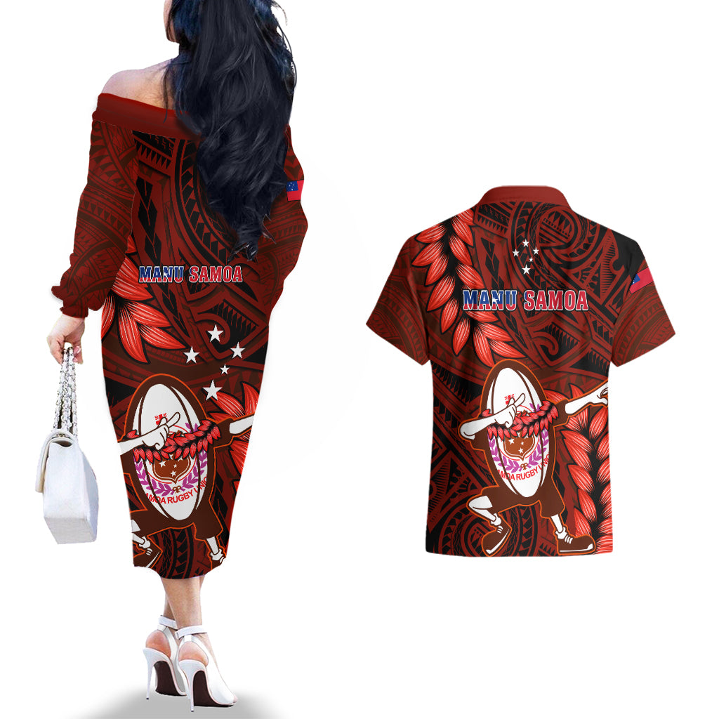 Samoa Rugby Couples Matching Off The Shoulder Long Sleeve Dress and Hawaiian Shirt Manu Samoa Ula Fala Dabbing Ball Polynesian Red Version LT14 - Polynesian Pride