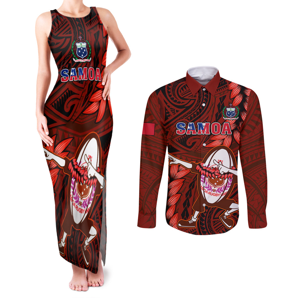 Samoa Rugby Couples Matching Tank Maxi Dress and Long Sleeve Button Shirts Manu Samoa Ula Fala Dabbing Ball Polynesian Red Version LT14 Red - Polynesian Pride