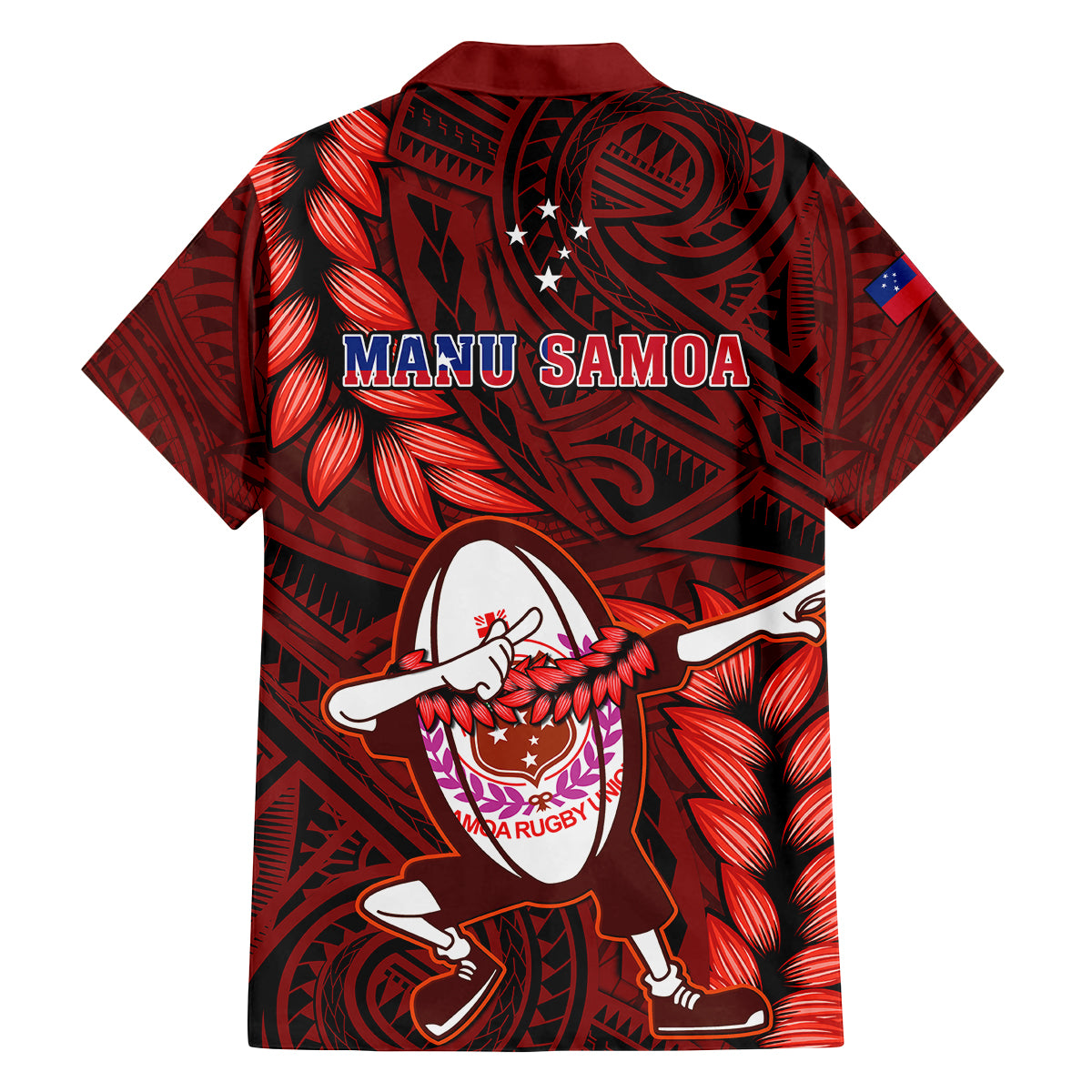 Samoa Rugby Family Matching Off Shoulder Short Dress and Hawaiian Shirt Manu Samoa Ula Fala Dabbing Ball Polynesian Red Version LT14 - Polynesian Pride
