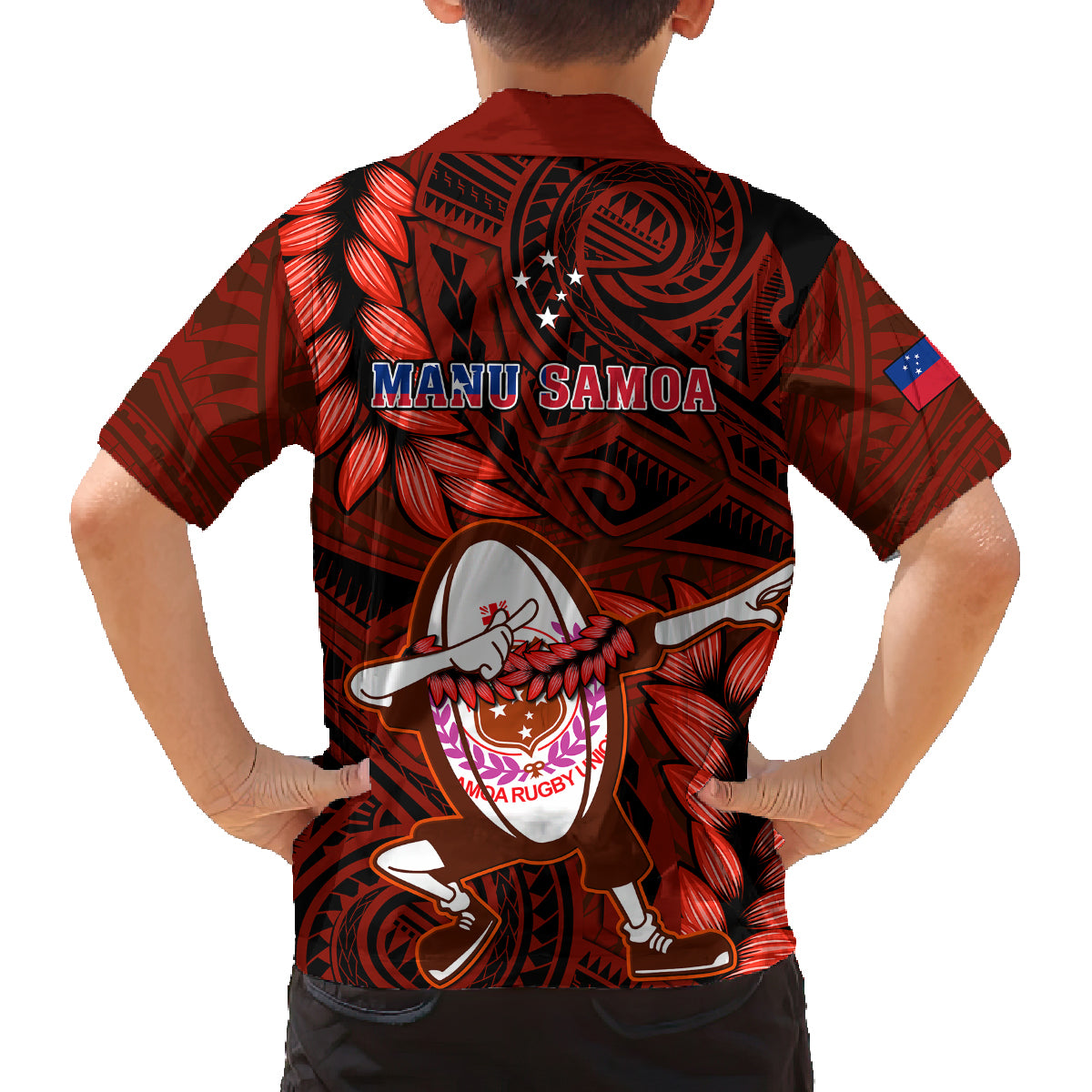 Samoa Rugby Family Matching Short Sleeve Bodycon Dress and Hawaiian Shirt Manu Samoa Ula Fala Dabbing Ball Polynesian Red Version LT14 - Polynesian Pride