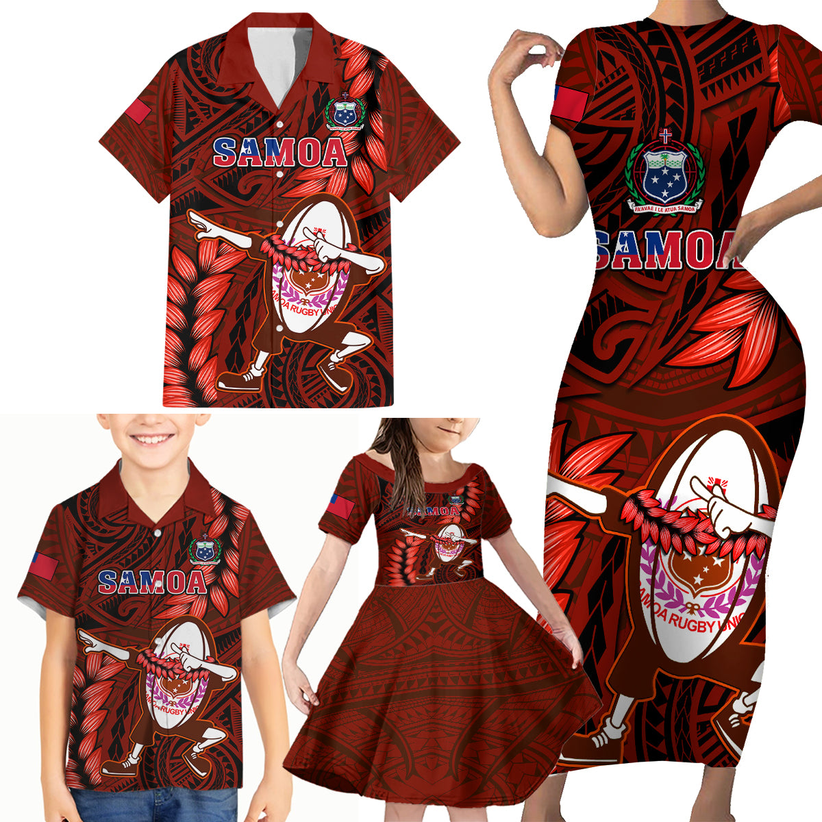 Samoa Rugby Family Matching Short Sleeve Bodycon Dress and Hawaiian Shirt Manu Samoa Ula Fala Dabbing Ball Polynesian Red Version LT14 Red - Polynesian Pride