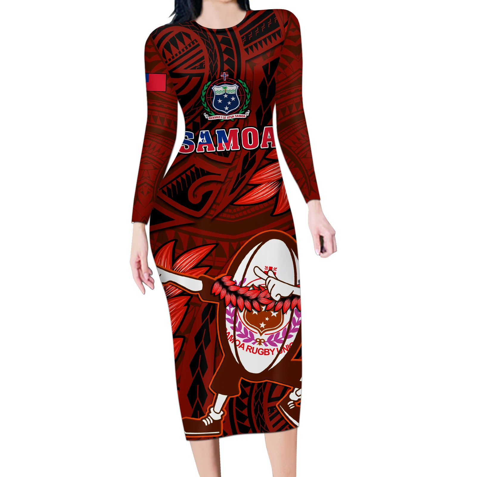 Samoa Rugby Long Sleeve Bodycon Dress Manu Samoa Ula Fala Dabbing Ball Polynesian Red Version LT14 Long Dress Red - Polynesian Pride