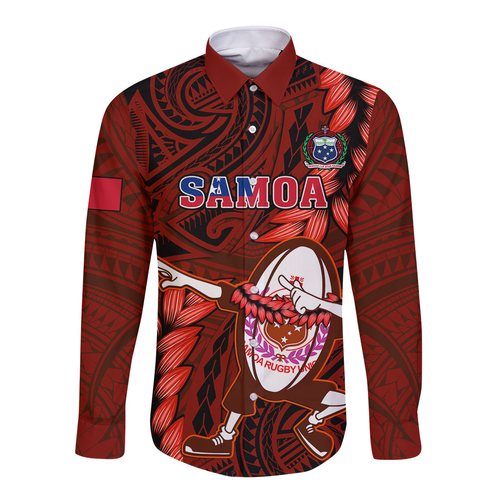 Samoa Rugby Long Sleeve Button Shirt Manu Samoa Ula Fala Dabbing Ball Polynesian Red Version LT14 Unisex Red - Polynesian Pride