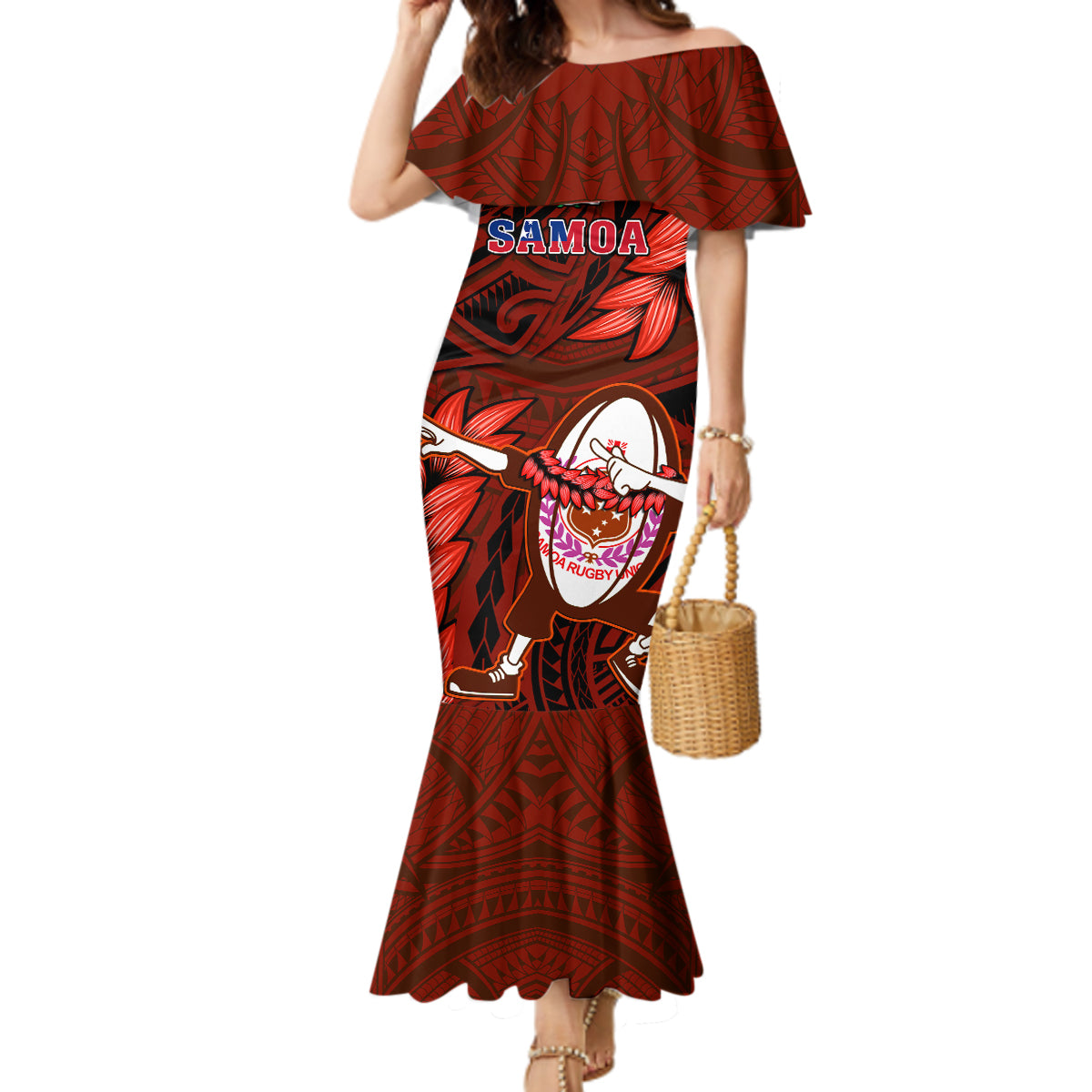 Samoa Rugby Mermaid Dress Manu Samoa Ula Fala Dabbing Ball Polynesian Red Version LT14 Women Red - Polynesian Pride