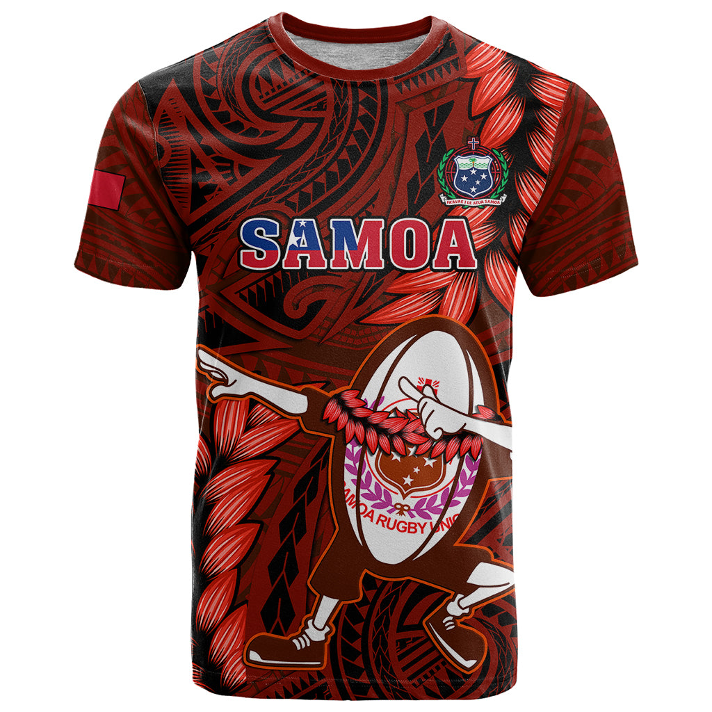 Samoa Rugby T Shirt Manu Samoa Ula Fala Dabbing Ball Polynesian Red Version LT14 Red - Polynesian Pride