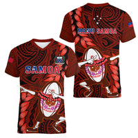 Samoa Rugby Women V Neck T Shirt Manu Samoa Ula Fala Dabbing Ball Polynesian Red Version LT14 - Polynesian Pride