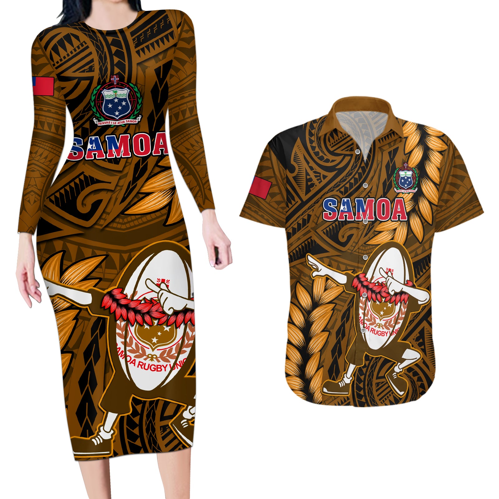 Samoa Rugby Couples Matching Long Sleeve Bodycon Dress and Hawaiian Shirt Manu Samoa Ula Fala Dabbing Ball Polynesian Gold Version LT14 Gold - Polynesian Pride