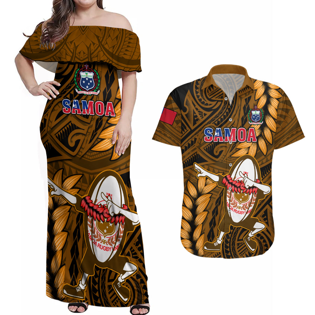 Samoa Rugby Couples Matching Off Shoulder Maxi Dress and Hawaiian Shirt Manu Samoa Ula Fala Dabbing Ball Polynesian Gold Version LT14 Gold - Polynesian Pride